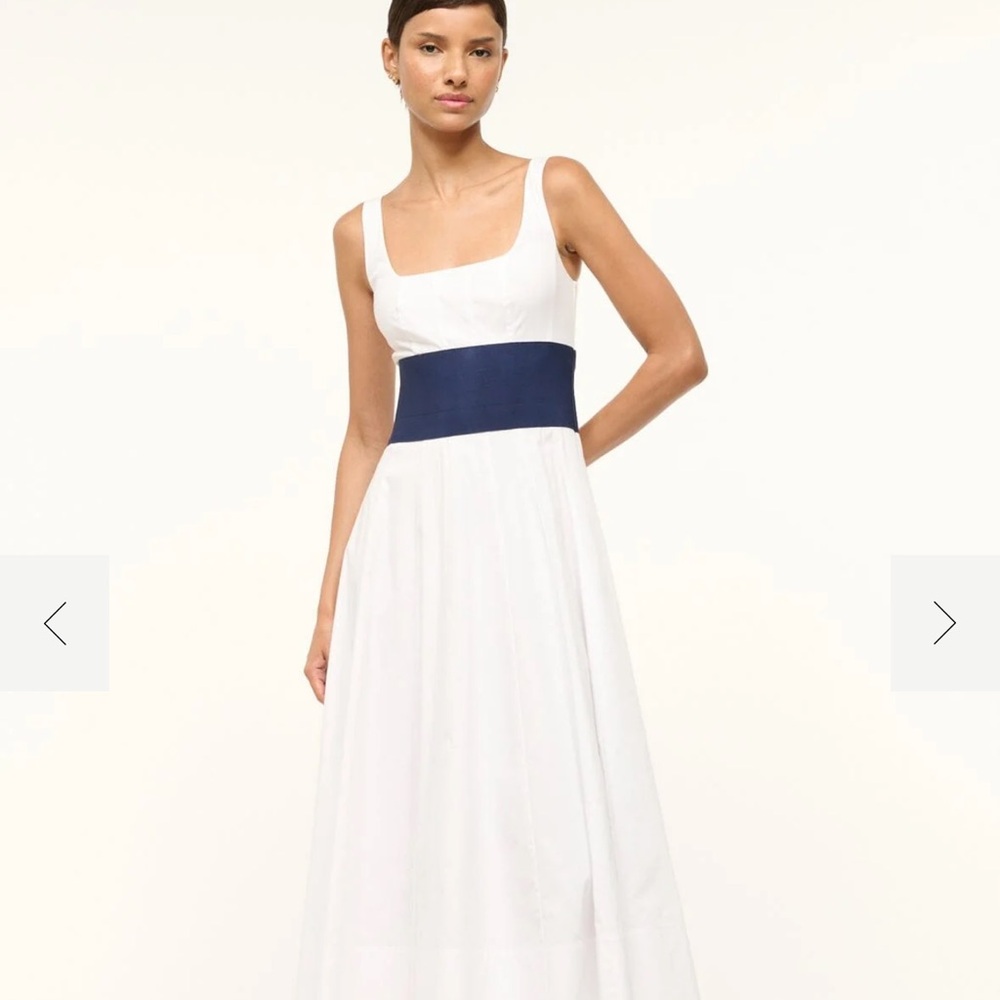 STAUD White Maxi Dress with Navy Band